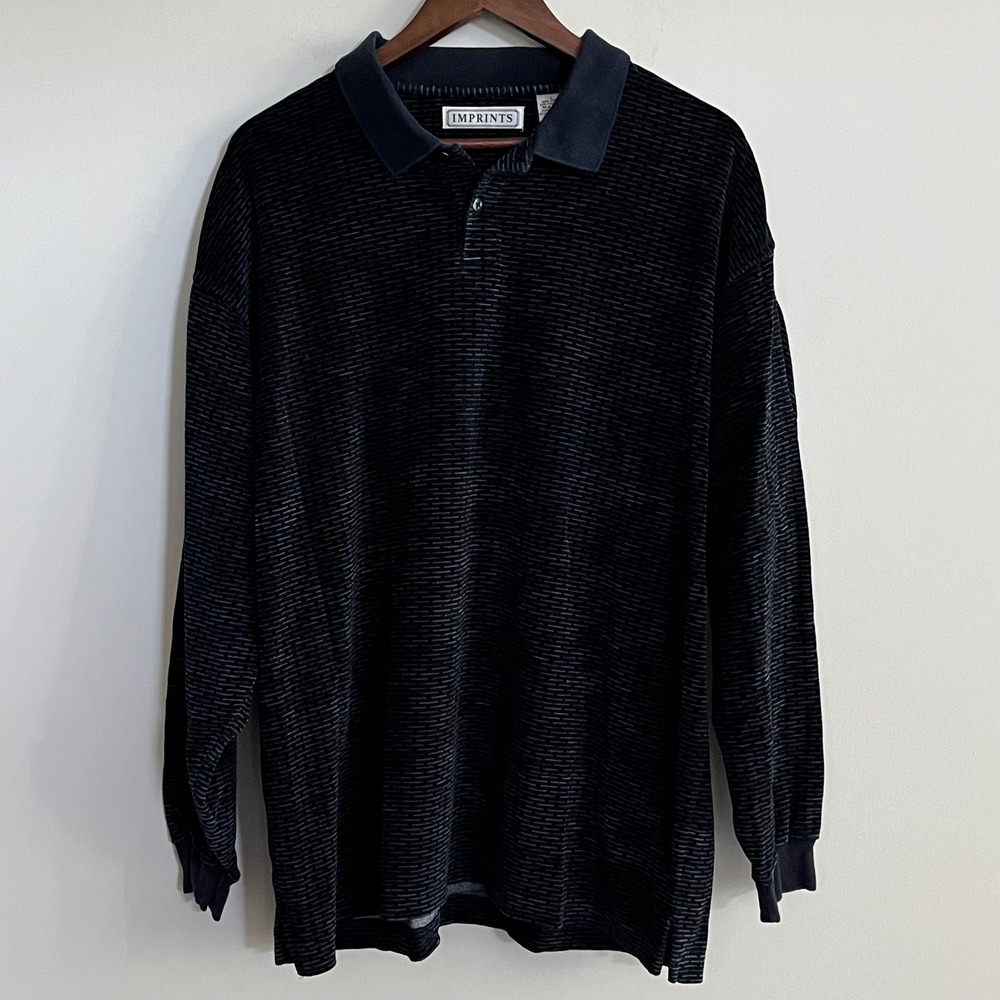 Vintage Imprints Men's Long Sleeve Polo Shirt Blue Geometric Textured Knit L USA